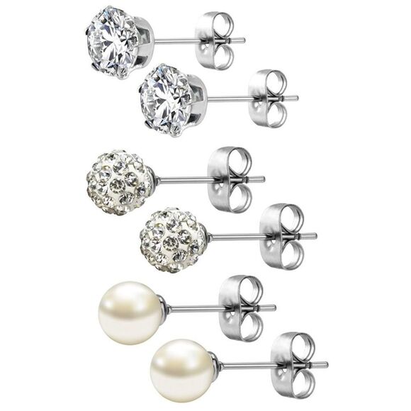 White Diamond Cubic Zirconia and Pearl 316L Post Back Stud 3 Pair Earrings Set - Picture 2 of 5